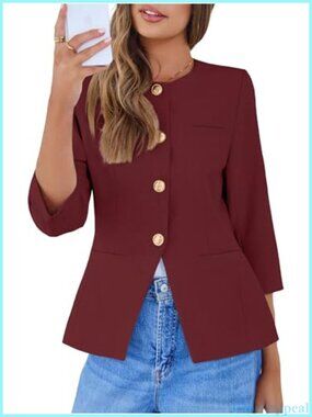 Collarless 3/4 Sleeve Button Down Blazer Work Office Suit Jacket